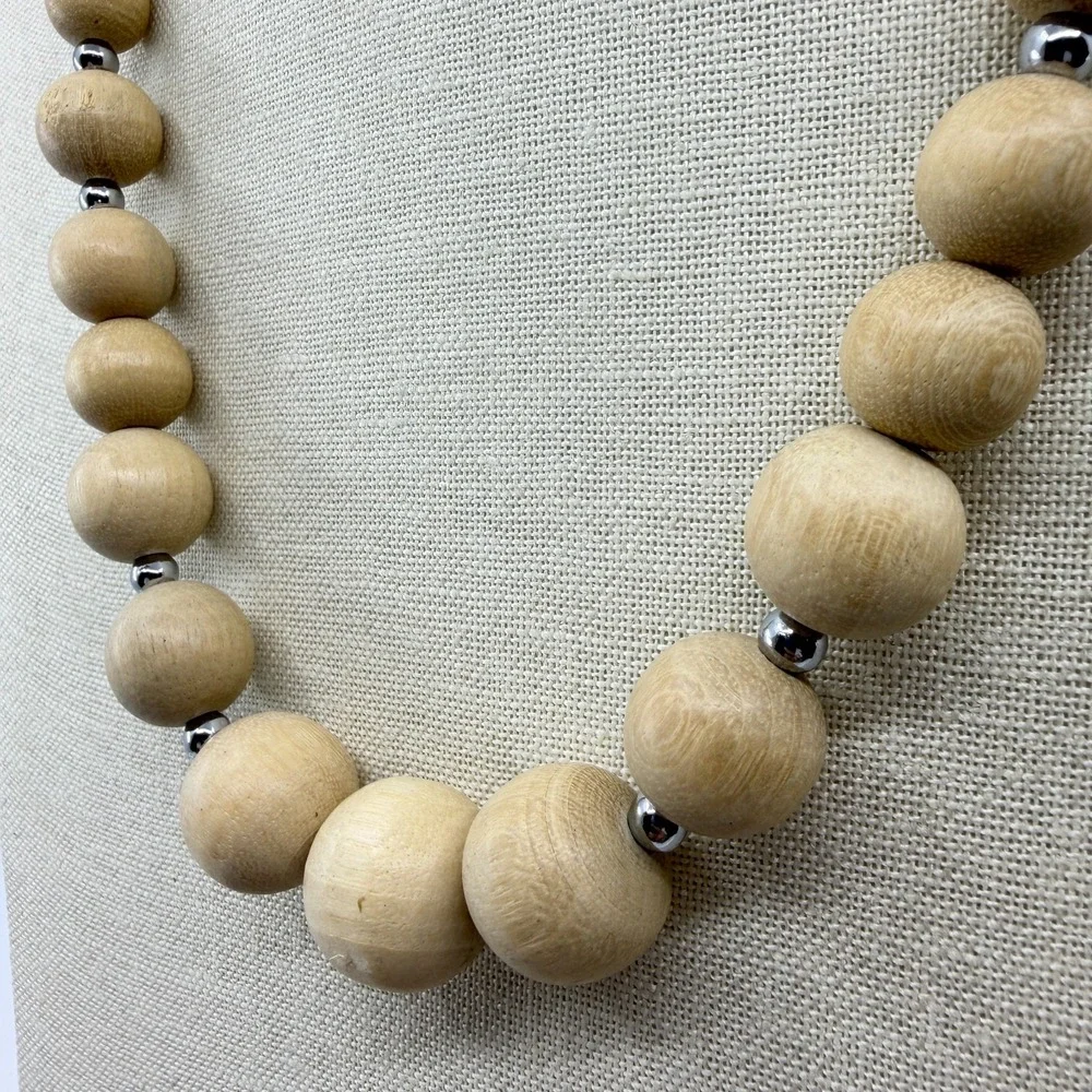Natural Wood Bead Necklace Silver Tone Spacers Chunky Boho Statement Jewelry